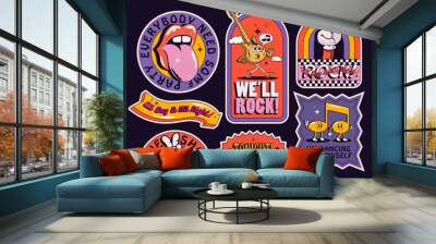 Retro rock music style party sticker or label or badge set with vintage cartoon characters and guitar and lettering for live music event isolated on black background. Vector illustration Wall mural