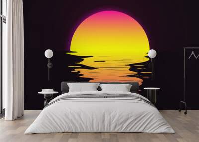 Retro vintage styled bright sunset with reflection on the water sea or ocean vector illustration. Wall mural