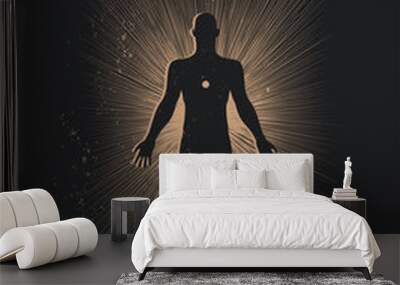 Spiritual human body silhouette surrounded sun rays on black background. Trance or meditation or astral body concept illustration for poster or wall art print design. Vector illustration Wall mural