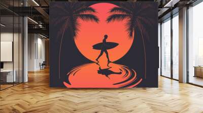 Summer poster with walking surfer silhouette at sunset and reflection on the water and palm silhouettes. Vector illustration Wall mural