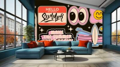 Summer season party or vacation sticker collection isolated on black background. Vector illustration Wall mural