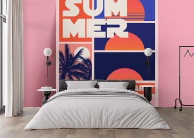 Summer sunset or summer beach party flyer or poster or banner design template in retro style with footage of the setting sun and palm trees silhouette. Vector illustration Wall mural