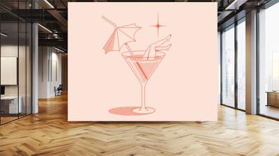 Summer vacation concept retro illustration with summer cocktail glass with umbrella and woman legs isolated on pink background. Vector illustration Wall mural