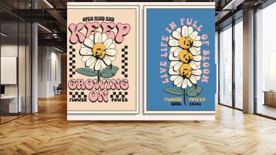 Vintage styled groove hippie poster or card or t-shirt graphic print with psychedelic flower with human face and inspirational slogans in retro colors. Vector illustration Wall mural