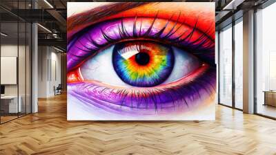 A vibrant painting showcasing a womans eye with violet iris, detailed eyelashes, and flawless eyebrow on a white canvas. A beautiful piece of art depicting vision care and human body beauty Wall mural