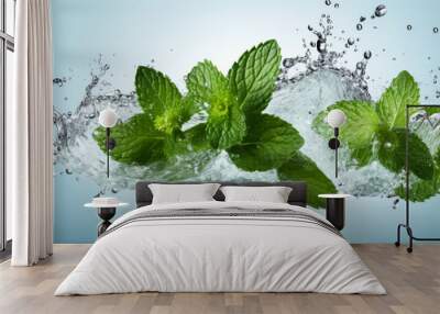 Crisp mint leaves captured in a refreshing splash of water, symbolizing freshness and natural flavor Wall mural