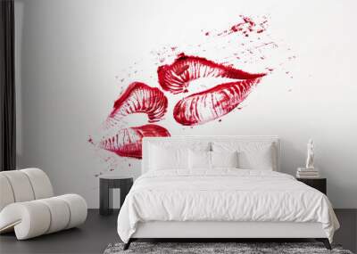 Dynamic red lipstick kiss mark on a white background Wall mural