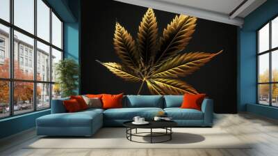 golden leaf marijuana on black background Generative AI Wall mural