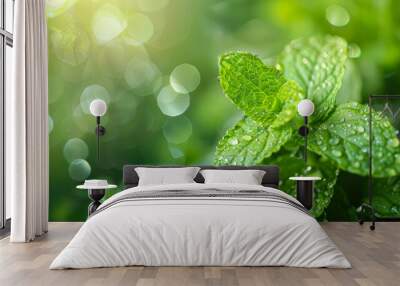 Green mint plant with water drops illuminated by soft sunlight Wall mural