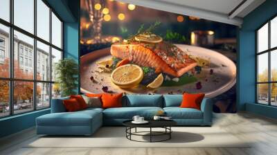 grilled salmon fillet in luxury restaurant AI Wall mural