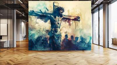 Jesus on the cross with abstract watercolor background Wall mural