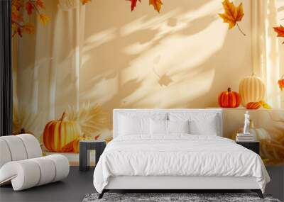 Pumpkins and autumn leaves with shadows on beige background Wall mural