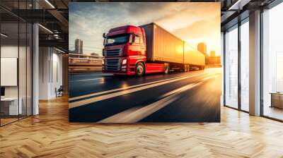 Red truck driving on highway at sunset Wall mural