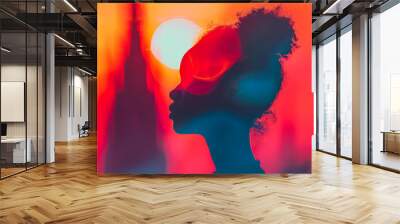 Silhouette of woman at sunset with vibrant colors. Artistic double exposure for creative design Wall mural