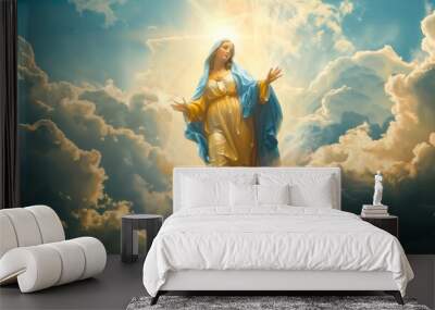 Statue of the Virgin Mary in blue and gold robes ascending among clouds Wall mural