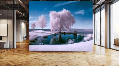 Infrared scene of a pond and trees Wall mural