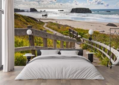 Wooden staircase leading to Bandon Beach, Oregon, USA Wall mural