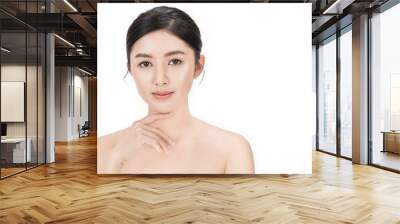  Closeup portrait of asian fair perfect healthy glow skin woman isolated on white background, asian beautiful girl with pretty smile on her face. Beauty clinic skincare spa and surgery concept Wall mural