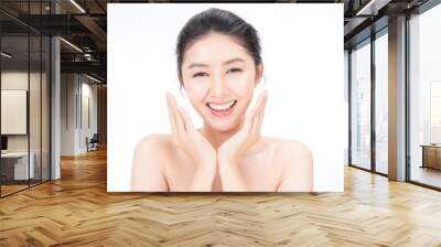 Closeup portrait of asian woman clear healthy perfect skin care spa isolated on white background, asian beautiful Korean girl smile face. Beauty clinic glow makeup facial treatment surgery concept Wall mural