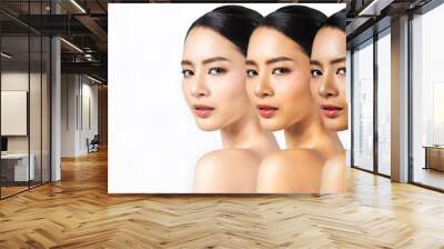 Closeup portrait of beauty asian woman with fair perfect healthy glow facial skin treatment, beautiful suntan burn, problem skin tone isolated on white, young beauty asia girl face spa skincare banner Wall mural