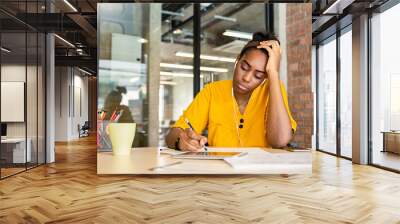 Portrait of stress sad business woman working late at night time in office. Business girl work hard lifestyle stress burnout overtime office syndrome, freelancer, student work  over load, headache Wall mural