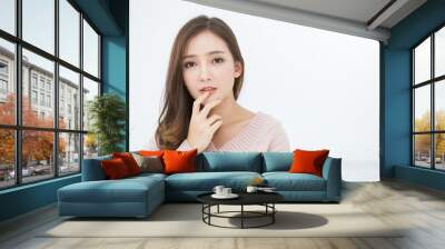 Portrait of young beautiful innocence asian woman relax in her bedroom. Smile happy face asian girl wear winter cloth. Beauty treatment perfect clear skin japanese makeup  lifestyle concept banner Wall mural