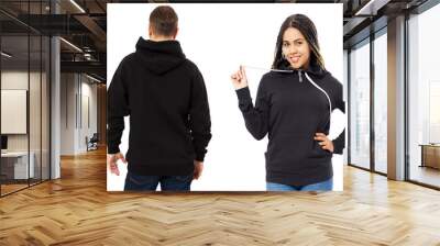 afro american woman in hoodie mockup, man in empty hood front and back view isolated over white, hoodie set female and male Wall mural