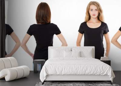 T-shirt set. Front and rear Brunette and Blonde in black t shirt isolated on white background. Two girl in blank shirt, Mock up, Collage, Copy space, Template Wall mural