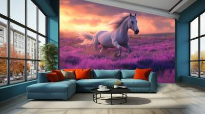 a beautiful white horse runs galloping across a purple heather meadow at sunset, wallpaper, generative AI Wall mural