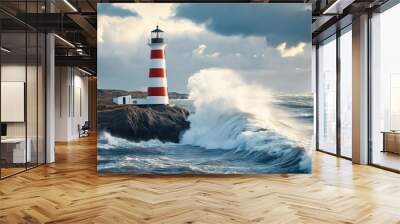 a red and white striped lighthouse on a rock with sea waves crashing against it, geneative AI Wall mural