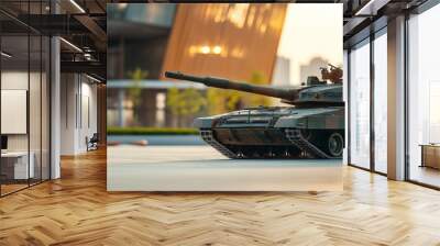 a war tank poses against the backdrop of beautiful modern buildings, generative AI Wall mural