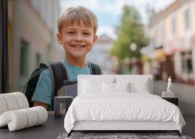 back to school, smiling young boy with backpack and books in hand, generative AI Wall mural