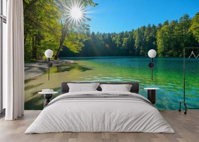 beautiful clean transparent turquoise lake with a small sandy beach surrounded by a beautiful green forest, generative AI Wall mural