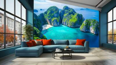 beautiful exotic beach in Thailand with mountains and vegetation sticking out of the water, generative AI Wall mural