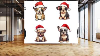 collection of various, cute kawaii small vector french bulldog puppy in santa hat without background for christmas postcard cartoon character style  Wall mural