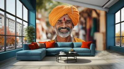 happy indian man in traditional indian costume with turban in indian village, generative AI Wall mural