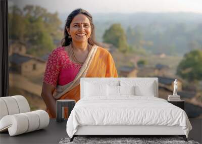 happy indian woman in traditional indian dress sari and bindi on forehead in indian village, generative AI Wall mural