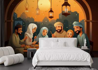 happy muslim family celebrates ramadan by eating iftar together, cartoon character style for children, Ramadan Kareem, Ramadan Mubarak, generative AI Wall mural