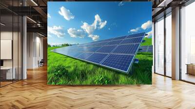 photovoltaic solar panels producing ecological green renewable energy on green grass on green field, generative AI Wall mural