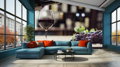 red wine in a glass stands on the table with grapes, generative AI Wall mural