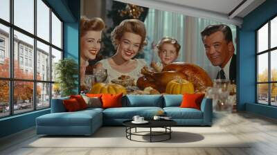 vintage picture of smiling retro family with juicy roasted turkey for thanksgiving day sitting at table with food and celebrating, pin up style, generative AI, generative Wall mural