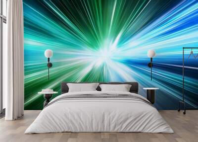 abstract background in blue green and white neon glow colors speed of light in galaxy explosion in universe Wall mural