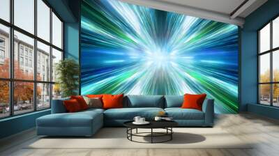 abstract background in blue green and white neon glow colors speed of light in galaxy explosion in universe Wall mural