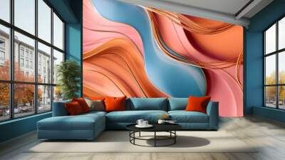 abstract orange vintage pink background with organic blue shapes and gold lines Wall mural