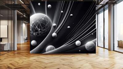 black and white spheres and lines abstract space illustration Wall mural