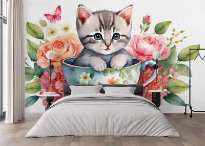 cute cartoon kitten sitting in a tea cup with flowers funny cat character design spring concept valentine s day greeting card watercolor illustration isolated on white background Wall mural