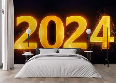 digital display shows the date of the new year 2024 fiery yellow figures isolated on the black background Wall mural