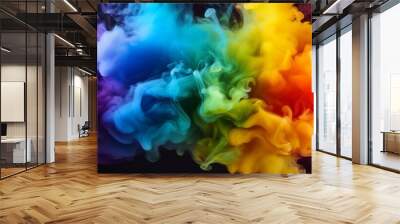 rainbow smoke colored mist ink water rainbow color vapor cloud on dark black abstract wallpaper Wall mural