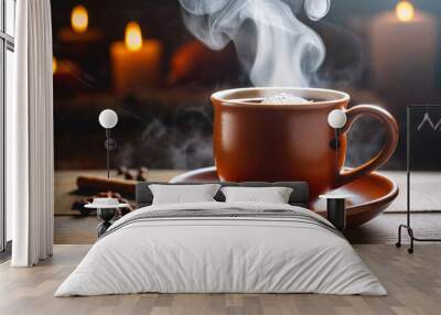 steamy sip a cup of fresh tea or coffee warms the morning the steam rising from the brown mug in a comforting invitation Wall mural