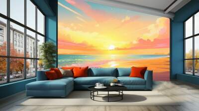 sunset sky background sunrise cloud orange yellow pink in morning summer vector sunny autumn nature landscape field in evening winter sunlight cartoon illustration horizon spring sundown by sea beach Wall mural